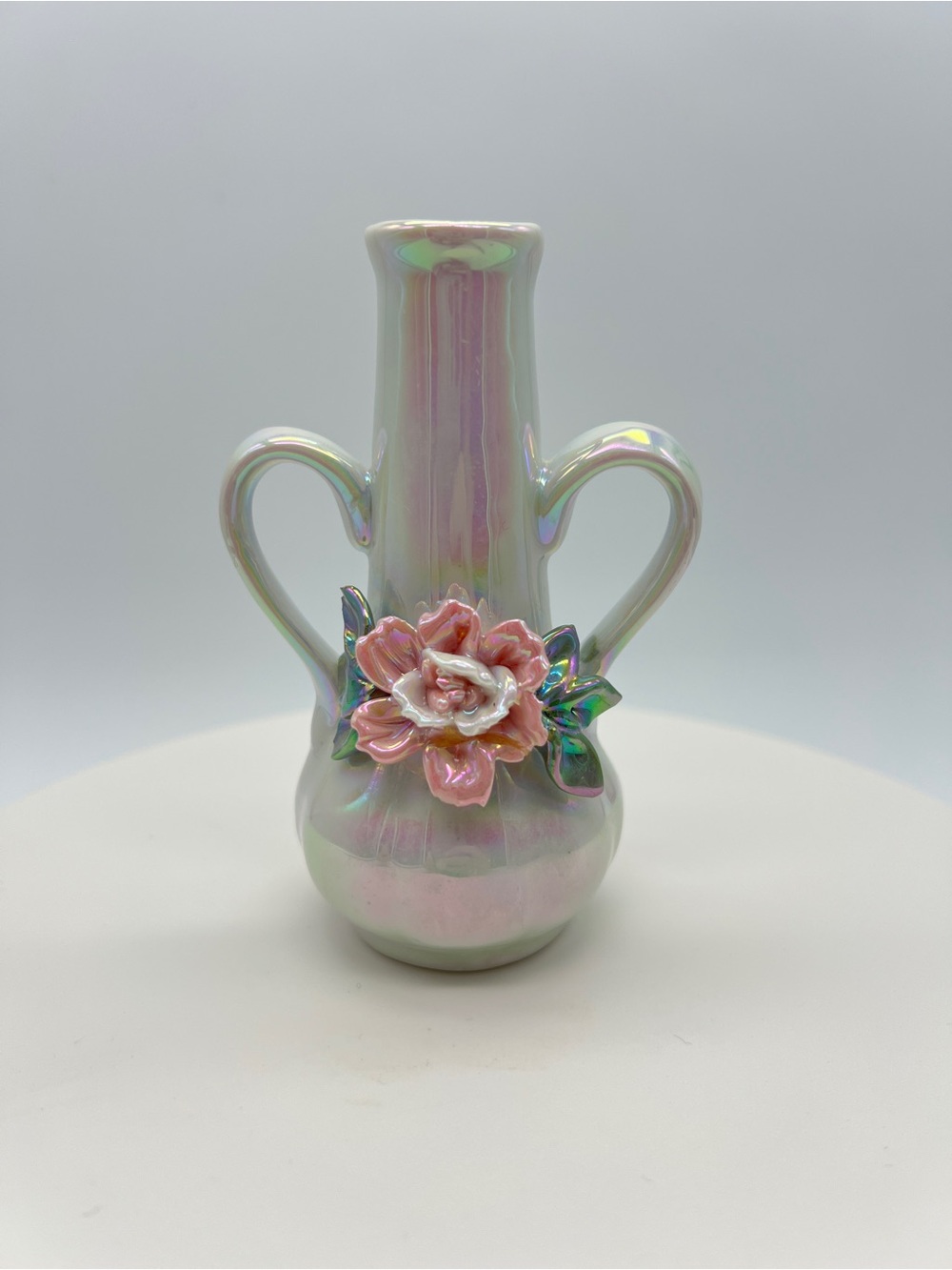 Vintage Iridescent Bud Vase Pink Rose Double Handle MOP Lustreware 4”